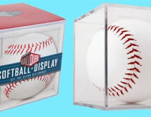 Softball display case with white ball.