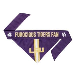 Purple LSU pet bandana with paw prints.