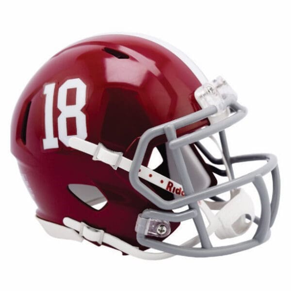 Crimson red football helmet with number 18.