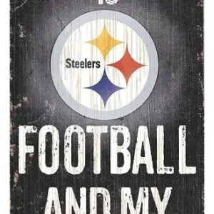 Steelers logo, football, dog sign.