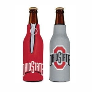 Ohio State bottle coolers, red and gray.