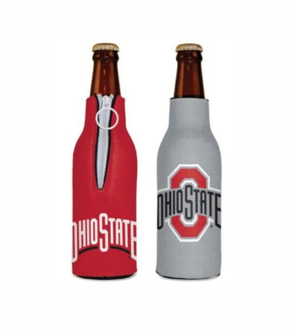 Ohio State bottle coolers, red and gray.