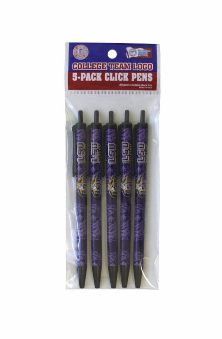 Five LSU click pens in packaging.