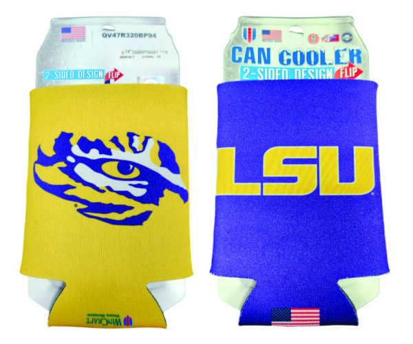 LSU can cooler with tiger eye and logo.