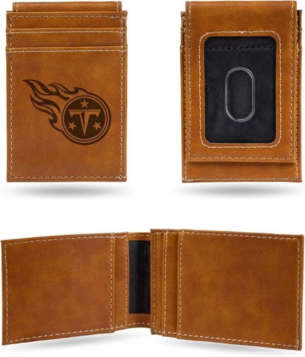 Brown leather wallet with Titans logo.