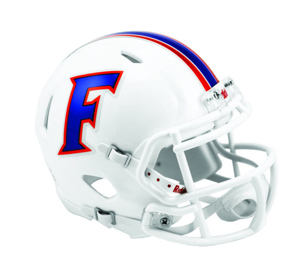 White football helmet with blue "F"