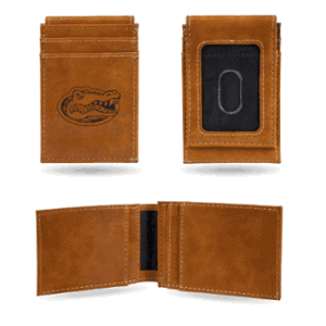 Brown leather wallet with alligator logo.