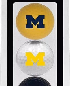 Three Michigan Wolverines golf balls.