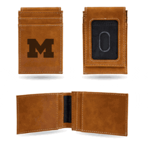 Brown leather wallet with Michigan logo.