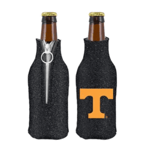 Here's an alt tag for the image: Black bottle koozie with orange T.