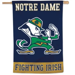 Notre Dame Fighting Irish mascot on flag.