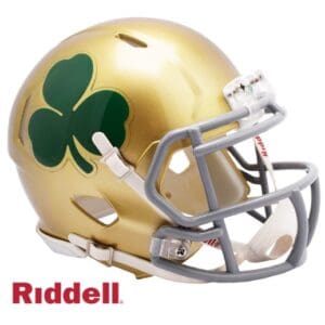 Gold football helmet with green clover logo.