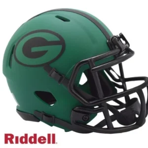 Green football helmet with black faceguard.