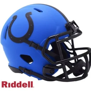Blue football helmet with a horseshoe logo.