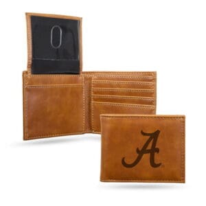 Brown wallet with letter "A" design.