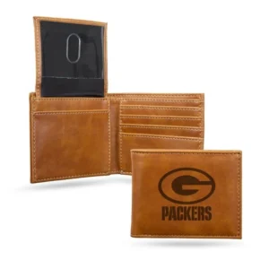 Brown leather wallet with Packers logo.