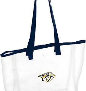 Clear tote bag with a logo design.
