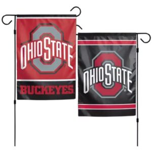 Ohio State Buckeyes garden flags, red and black.