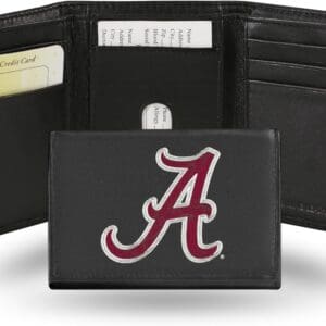 Black wallet with red letter "A" logo.