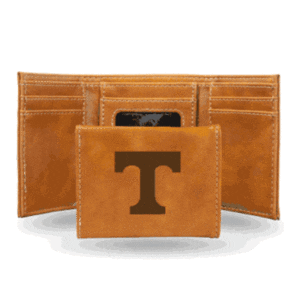 Brown wallet with letter "T" design.