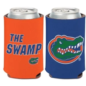 Gator-themed can coolers with team logos.