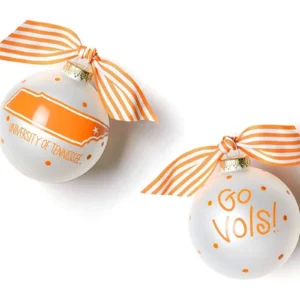 Orange and white Tennessee-themed Christmas ornaments.