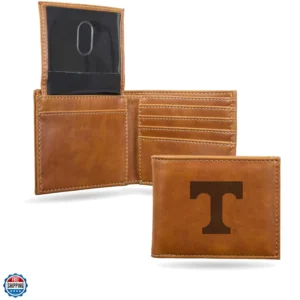 Brown leather wallet with letter "T".