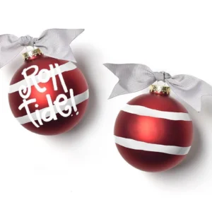 Red Christmas ornaments with white bows.