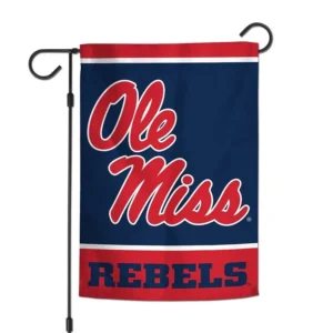 Ole Miss Rebels flag on display stand.