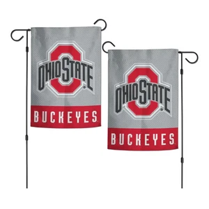 Ohio State Buckeyes garden flags, gray background.