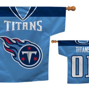 Blue Titans jersey-shaped flag with logo.