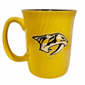 Yellow mug with a sports team logo.